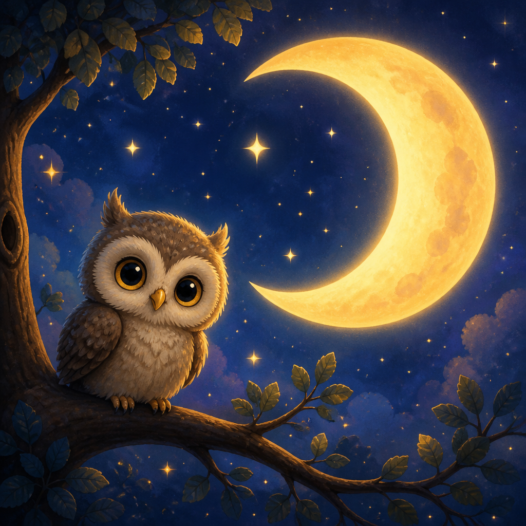 Storybook illustration of a small owl under a glowing crescent moon