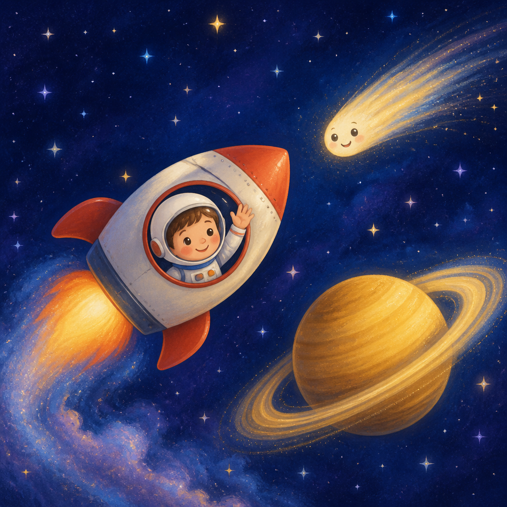 Illustration of a little rocket flying past a golden ringed planet