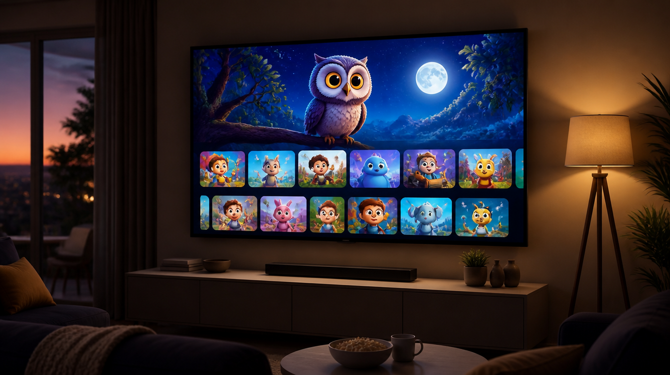 A living-room TV showing the LittleGalaxy home screen with colourful rows of stories and programmes