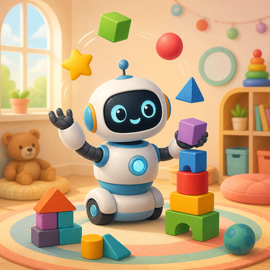 Illustration of a friendly robot stacking colourful blocks